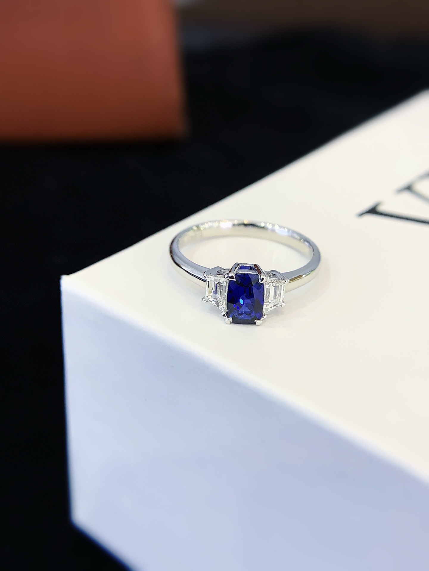 18K White Gold Lab Grown Sapphire Three-Stone Ring